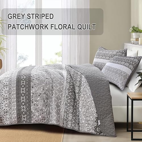 Miniatura 4 de WONGS BEDDING Juego de edredón bohemio gris, tamaño Queen, juego de colcha de verano con 2 fundas de almohada, juego de ropa de cama bohemia de