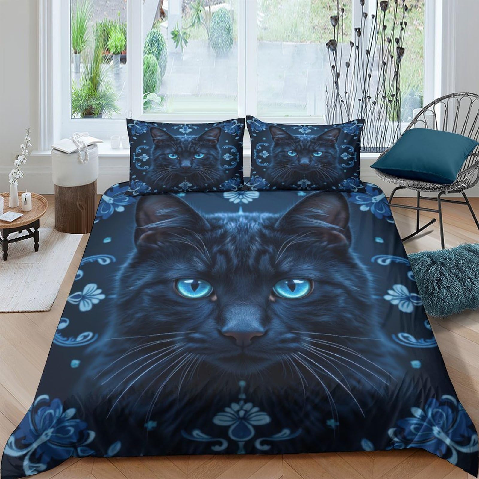 Ctjqhvkz Style-8 3D Printed Blue Cat Fitted Sheet Microfiber Soft Breathable Night Forest Bed Cover For Bedroom Guest Room Decor Single（135X200cm）
