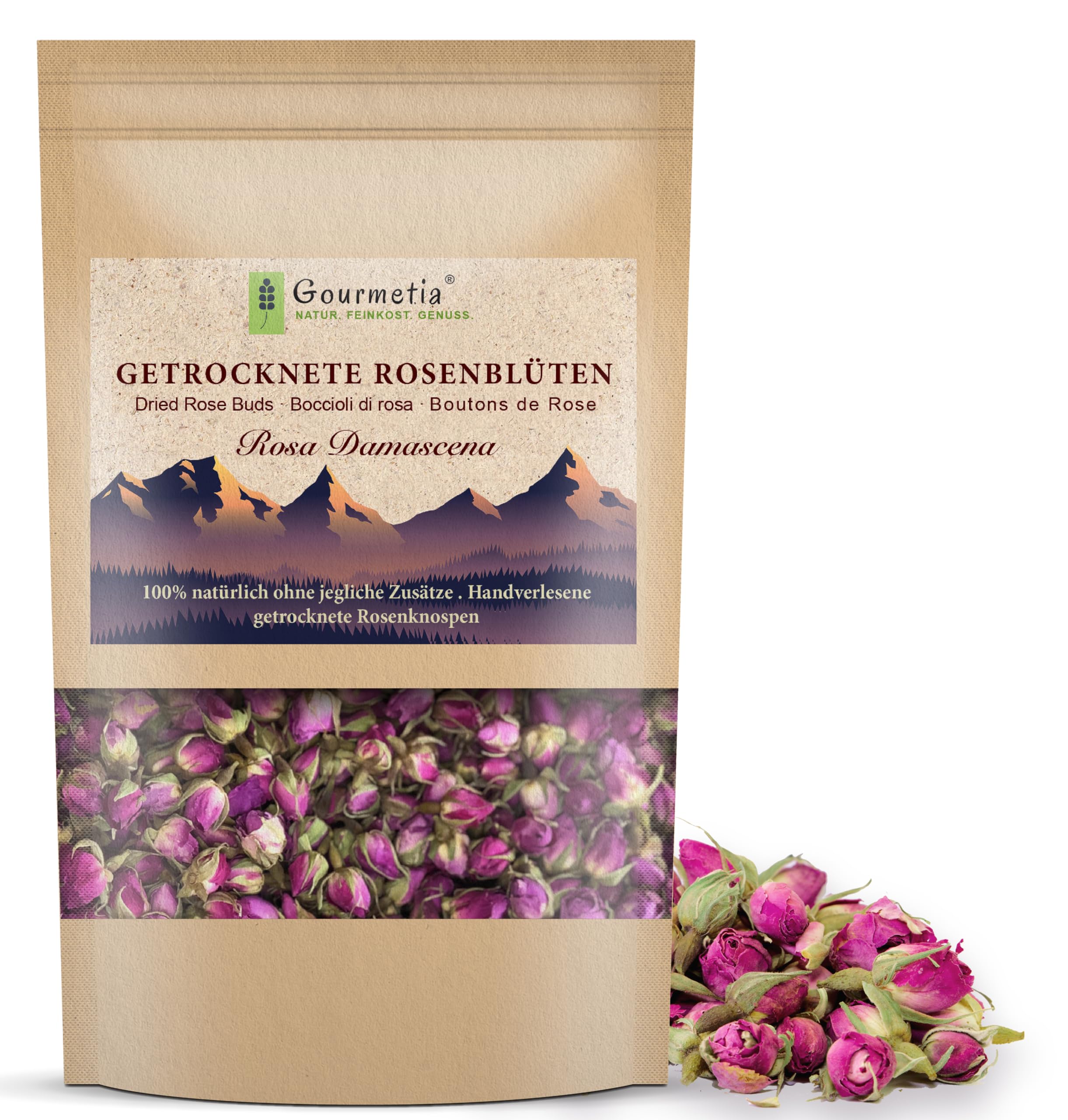 Gourmetia® Rosenblüten - Rosentee 125g, getrocknete Rosenknospen von Rosa Damascena - 100% naturbelassen