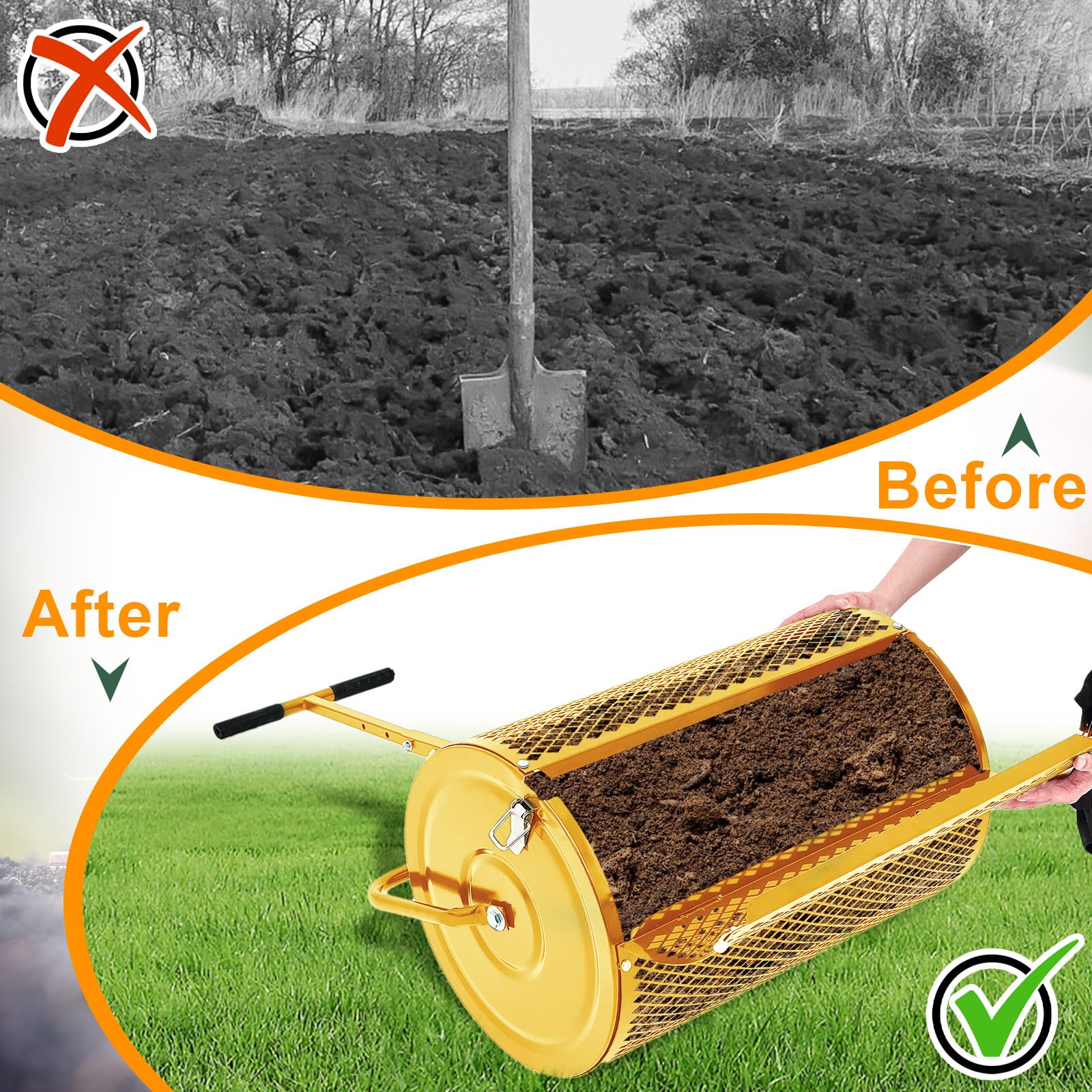 Hiboom Esparcidor de abono de turba para jardín, Tierra Superior, Tierra, esparcidor de Gotas de Semillas con Mango Ajustable en Forma de T, esparcidor de Malla de Metal Ligero para Patio (Dorado,