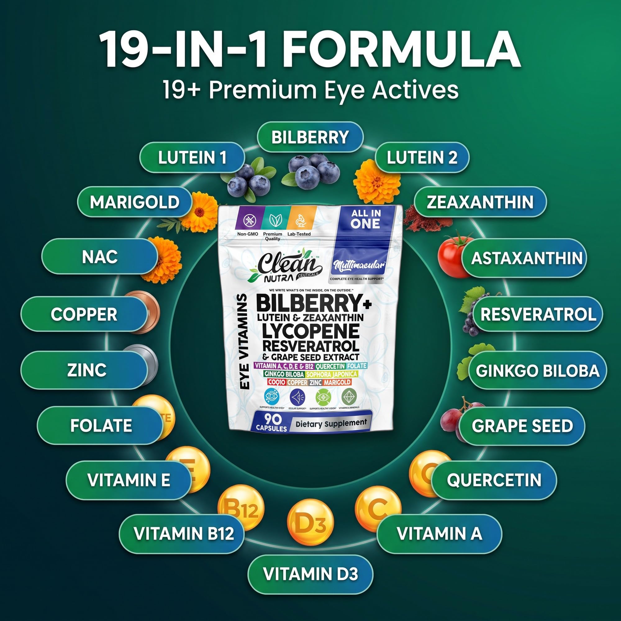 Clean Nutra Multimacular Bilberry+ Lutein Zeaxanthin Lycopene Resveratrol with Flax Seed Grape Japanese Knotweed Ginkgo Biloba Sophora Japonica Coenzyme Copper Zinc Marigold Black Pepper 90 Capsules — Amazon image 4