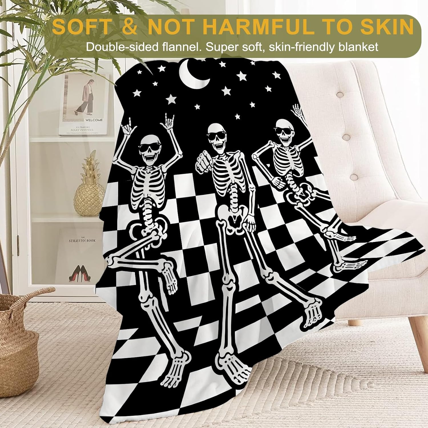 Funny Skull Fleece Throw Blanket 50x60 Inch,Fun Dancing Skeleton Moon Star Checkerboard Decorative Throws,Soft Lightweight Blankets for Halloween Party Room Bedroom,Cozy Gifts for Teens Gamers
