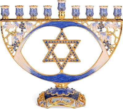 Hanukkah Menorah - Fits All Standard Chanukah Candles - Modern Jeweled Candle Menorahs for Chanukah - Blue Traditional Star - Ner Mitzvah