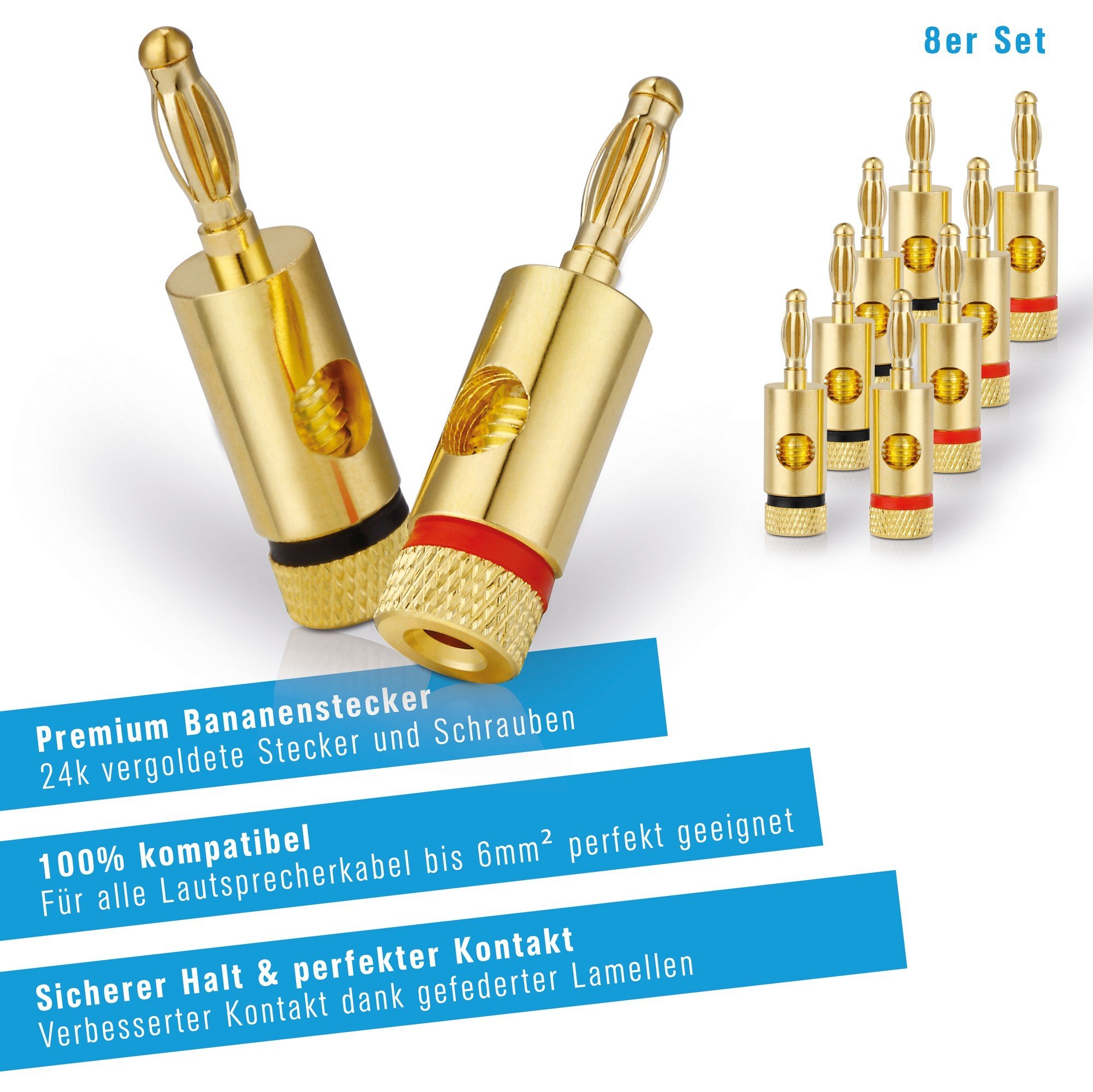 Premium wtyczka bananowa (zestaw 8 szt.) do wszystkich kabli głośnikowych o średnicy maks. 6 mm², 8 sztuk z kodem kolorowym (4 x czerwone, 4 x czarne), pozłacane 24-karatowym złotem