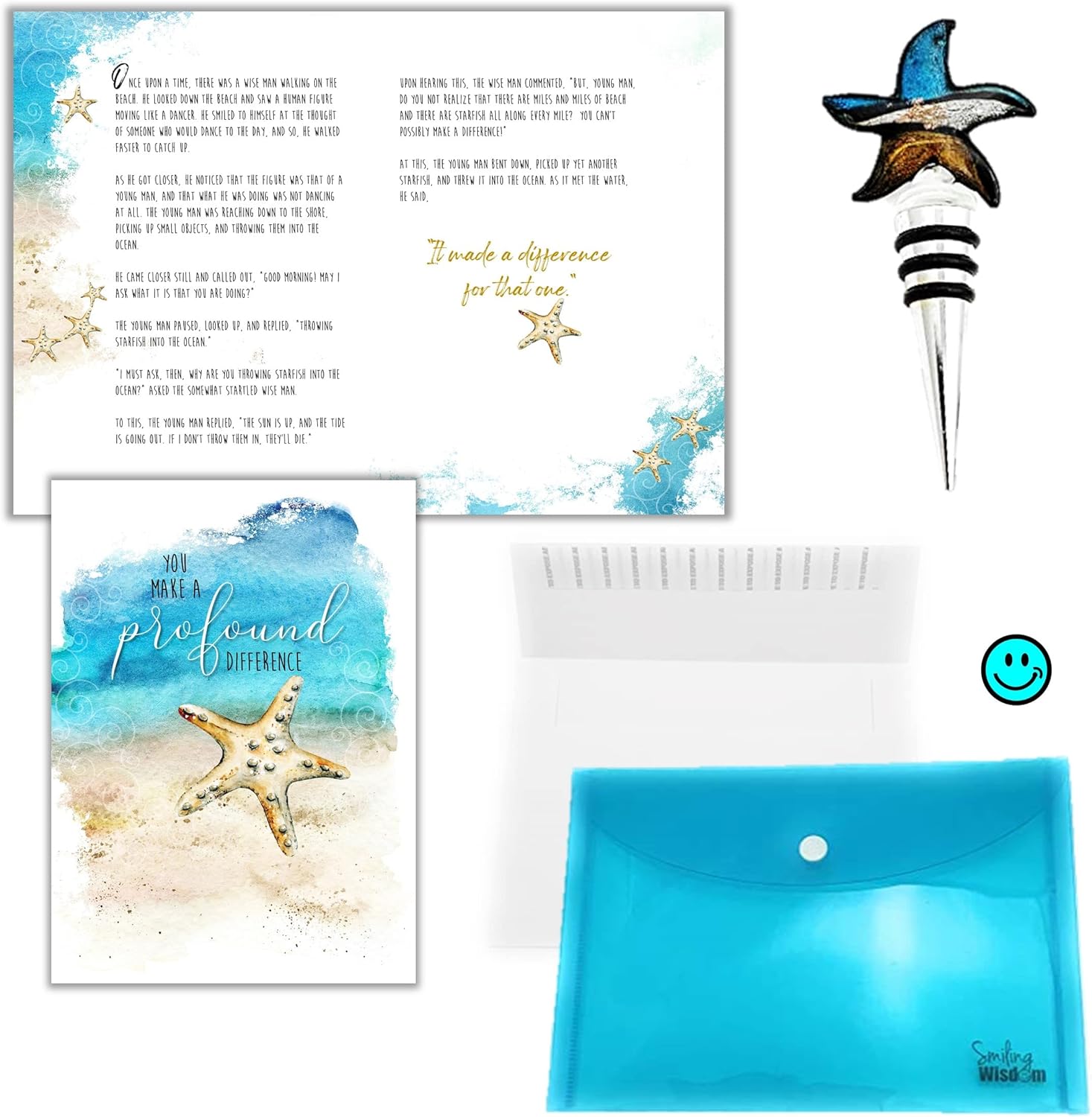 Smiling Wisdom | Starfish Story You Make a Profound Difference Appreciation Greeting Card | Glass Wine Bottle Stopper | Women | Blue Gold