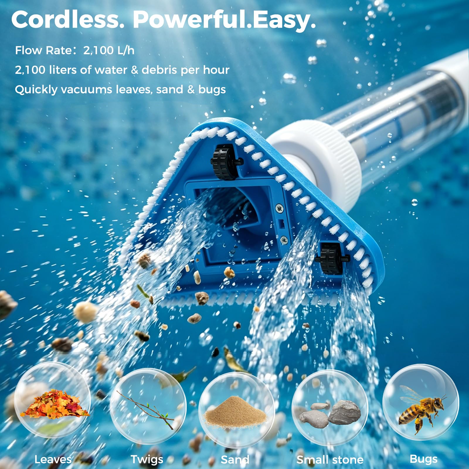 Aspirateur Piscine sans Fil 3 en 1 Nettoyeur Électrique à Batterie IPX8 | Aspirateur Balais Kit avec Manche Télescopique pour SPA et Piscines Hors-Sol Rechargeable