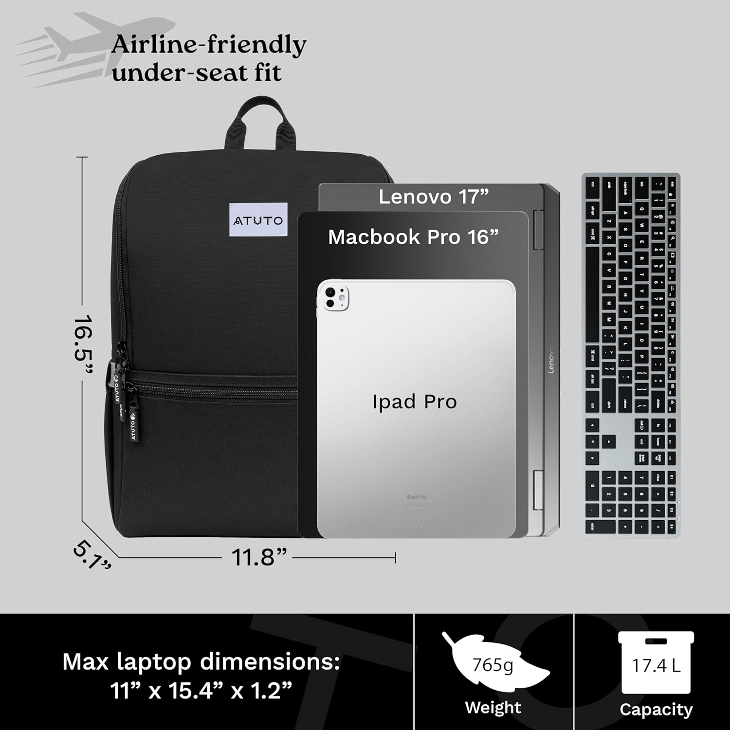 Professional Black Laptop Backpack for Men 17 inch Compartment - Back Airflow & Fully Padded - Work & Travel Backpack for Men with Luggage Strap and Trolley Sleeve.