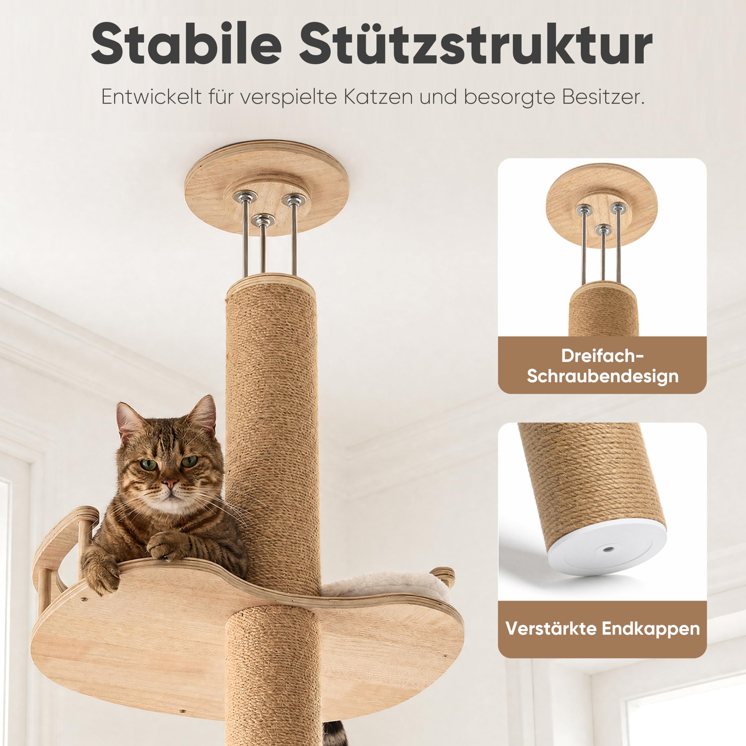 FUKUMARU Kratzbaum, bis zur Decke reichender Katzenturm,Katzenbaum aus Natürliches Gummiholz-Sperrholz, mit Katzenversteck-Zelt und oberer Liegenische mit Geländer,beige