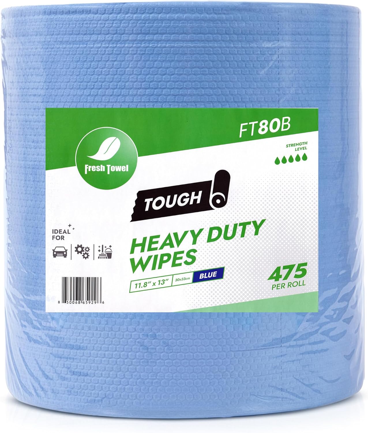 Fresh Towel FT80B Heavy Duty Wipes, Blue, 11.8" x 13" Inch Durable Multipurpose Cleaning Wipes for Household, Kitchen, Garage & Industrial Use (1 Roll of 475 Sheets)