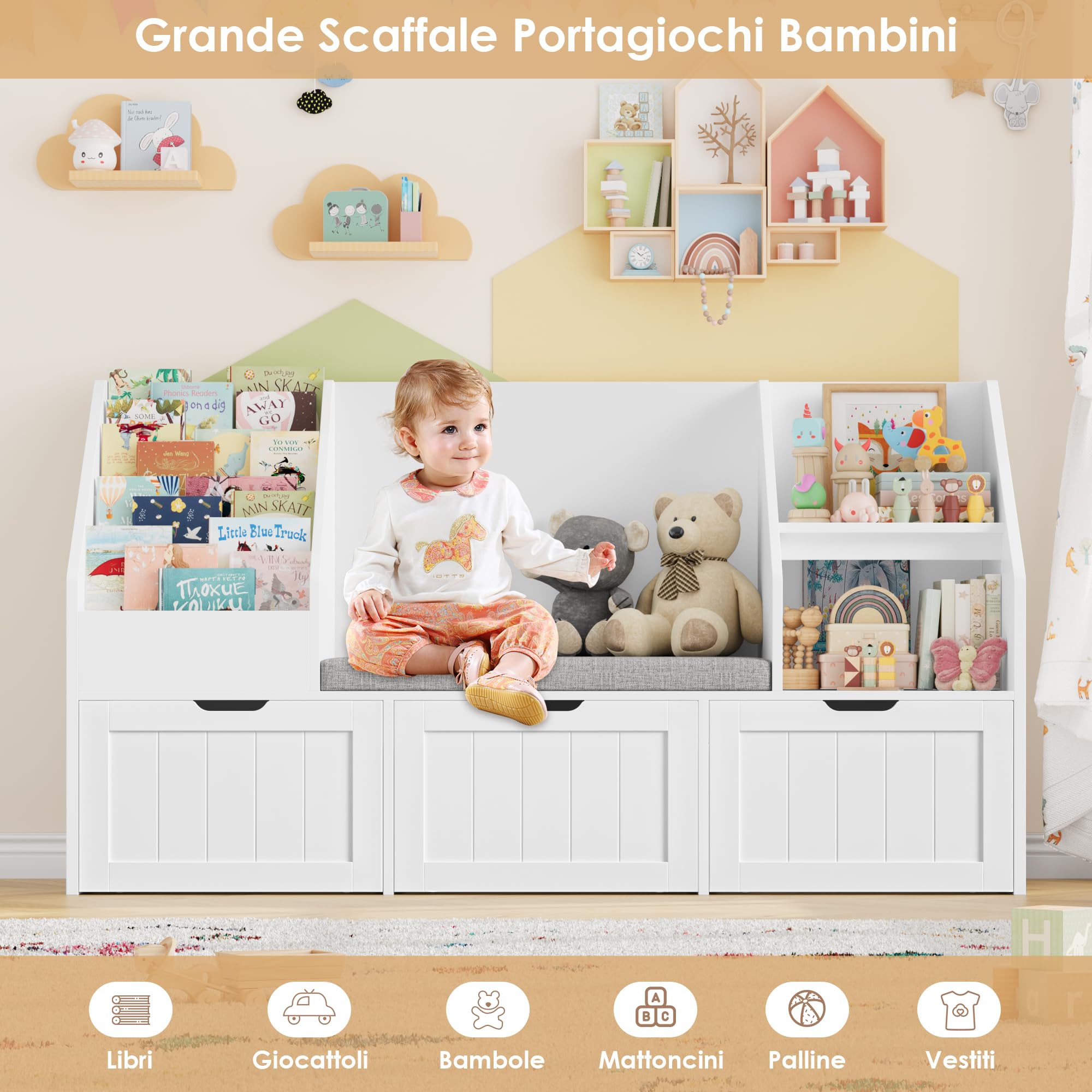 FOREHILL Libreria Montessoriana per Bambini, Porta Giochi Bambini con Cuscini, Libreria Panca a 4 Ripiani, Mobile Porta Giochi a 3 Cassetti con Ruote, per Cameretta, Studio, 140x39.5x80 cm (Bianco)