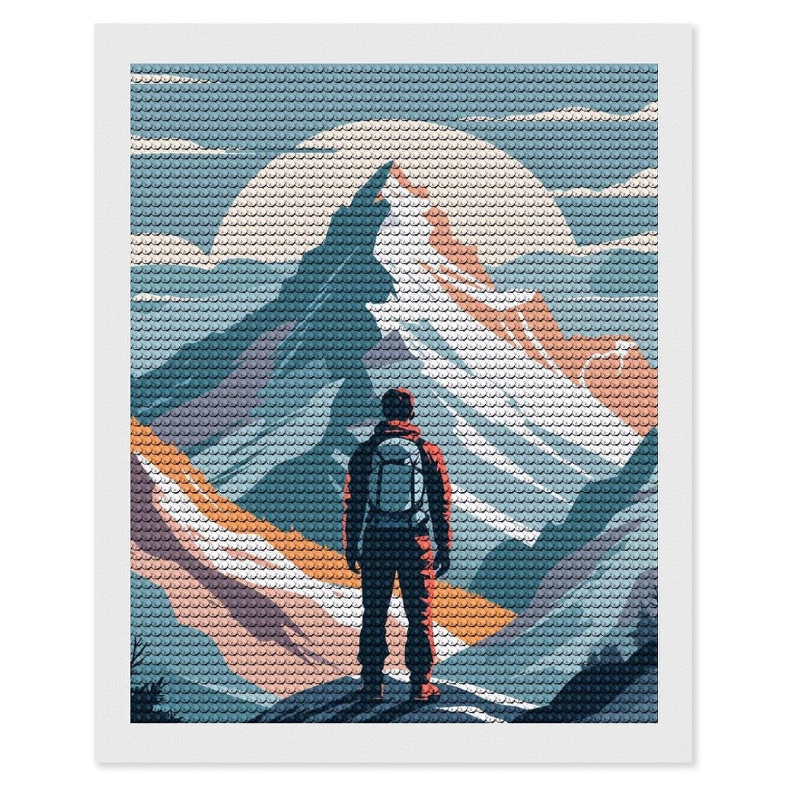 Junmoney Hiker in Mountain Landscape Illustration Diamond Art Canvas 16"x20", for Family Craft Time, Creative Leisure Activity, Living Room Decor, Festive Craft Gift