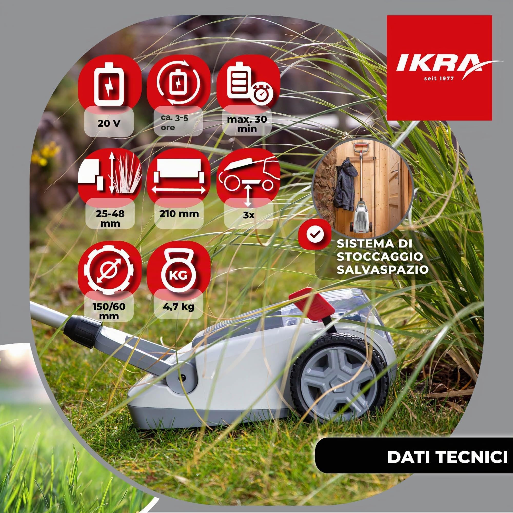 IKRA tosaerba ICHM 20, con lama di ricambio, 2 batterie e caricabatterie | Con funzione mulching, per piccoli prati fino a circa 50 m², larghezza 21cm, altezza di taglio 25-48 mm, gamma da 20V di IKRA