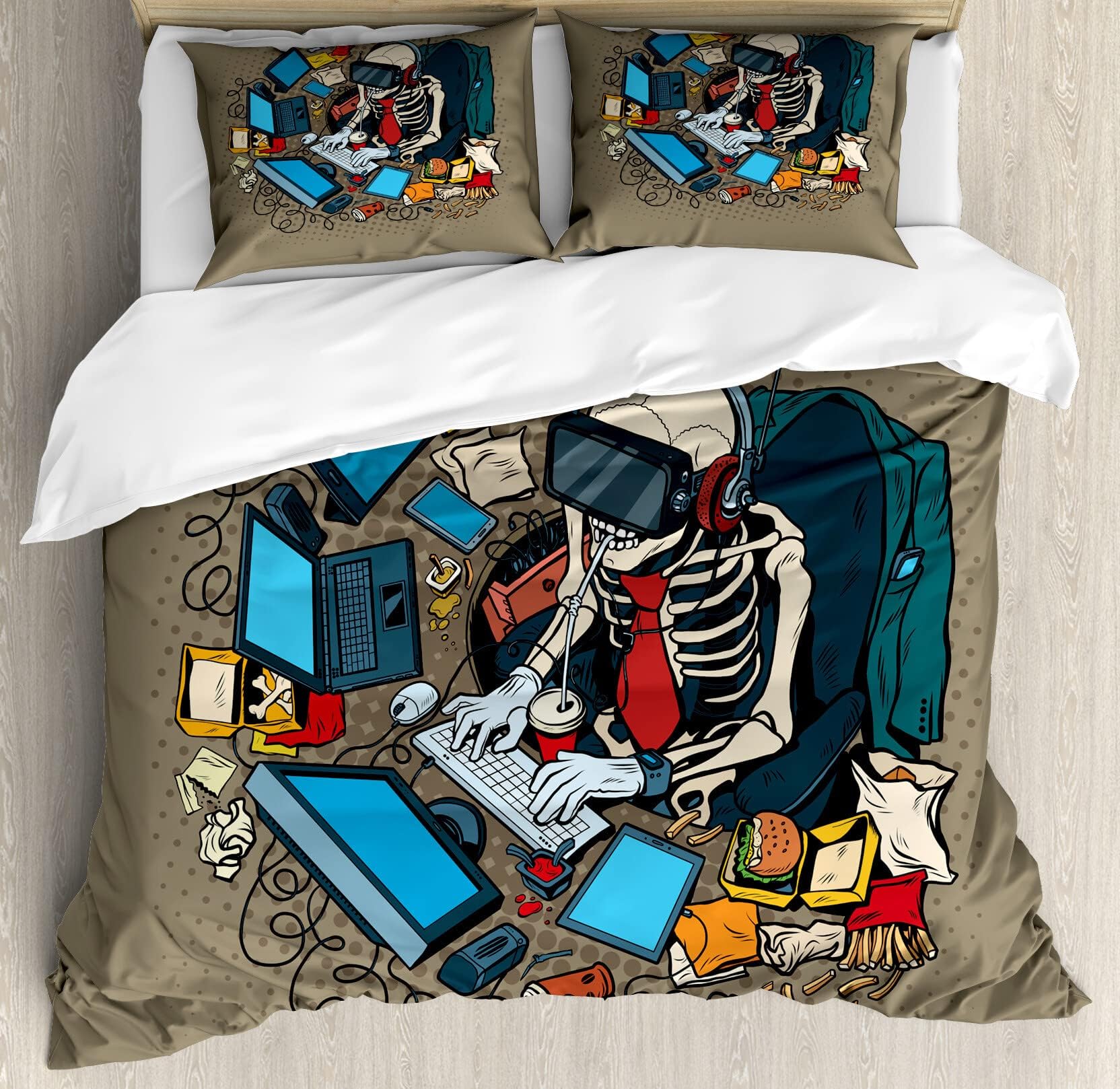 Ambesonne Gamer Duvet Cover Set, Skeleton Programmer and Hacker in Virtual Reality Eating Fast Food Theme Illustration, Decorative 3 Piece Bedding Set with 2 Pillow Shams, Queen Size, Khaki Blue