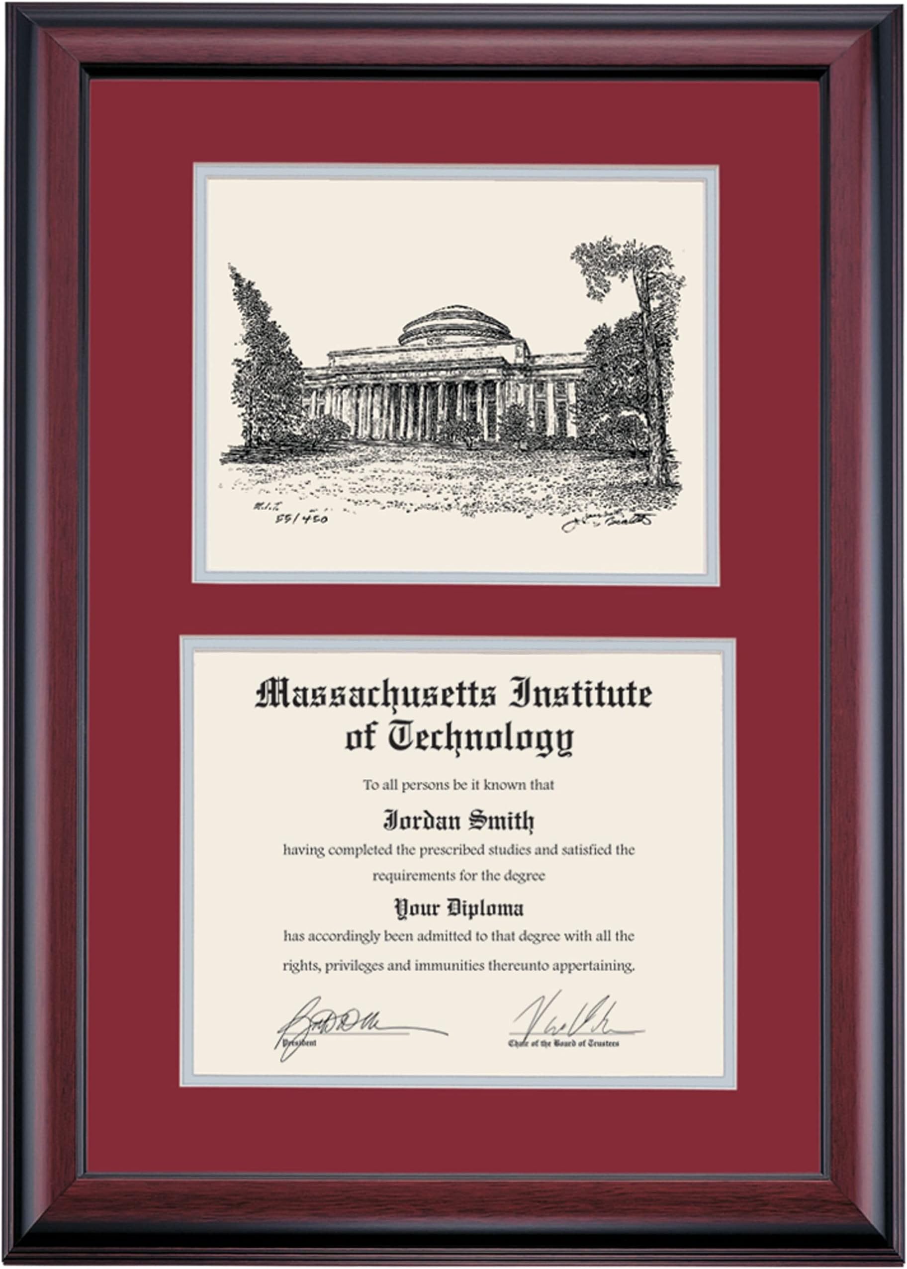 OCM DiplomaDisplay Premier Frame for Massachusetts Institute of Technology MIT Engineers | 9-1/4" x 11-3/4" Diploma Certificates | Maroon/Gray Mat | Maclaurin Building Pen & Ink | Graduation Gift