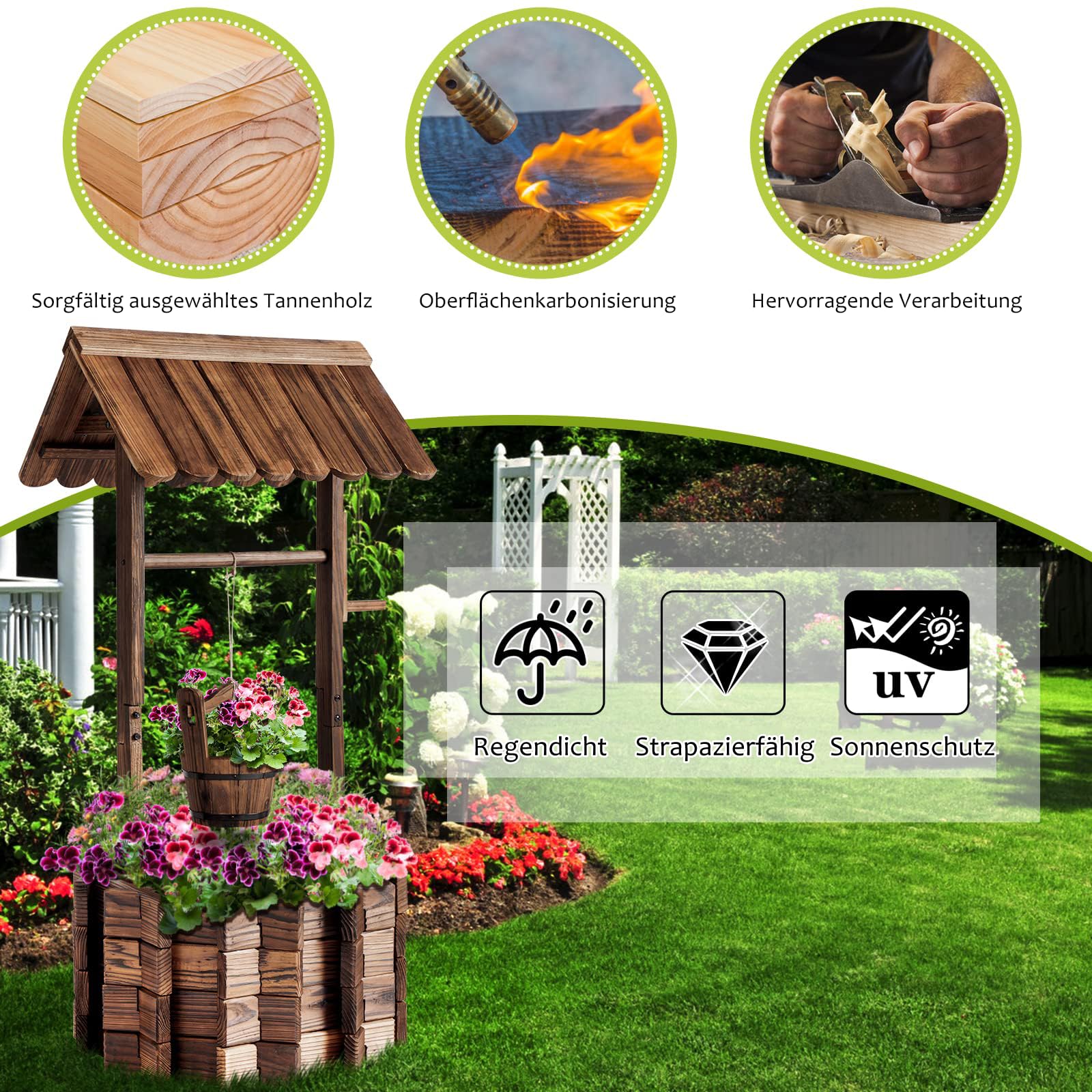 Aoxun Pflanztopf Wunschbrunnen Holz, Ziehbrunnen Pflanzenständer, Wunschbrunnen Pflanzkübel, 54 x 54 x 118 cm, Dekobrunnen für Garten, Gartenbrunnen Blumenkübel