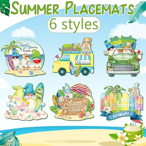 Miniatura 3 de 6 Pcs Summer Gnome Placemats 14 x 12 Inch Watercolor Beach Hawaiian Place Mats Hello Sunshine Washable Table Mats Sea Surfboard Coconut Tree