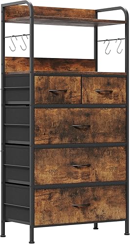 Jojoka Cómoda para dormitorio con 5 cajones cómoda y cómoda para pasillo entrada unidad organizadora de almacenamiento con tela marco de metal