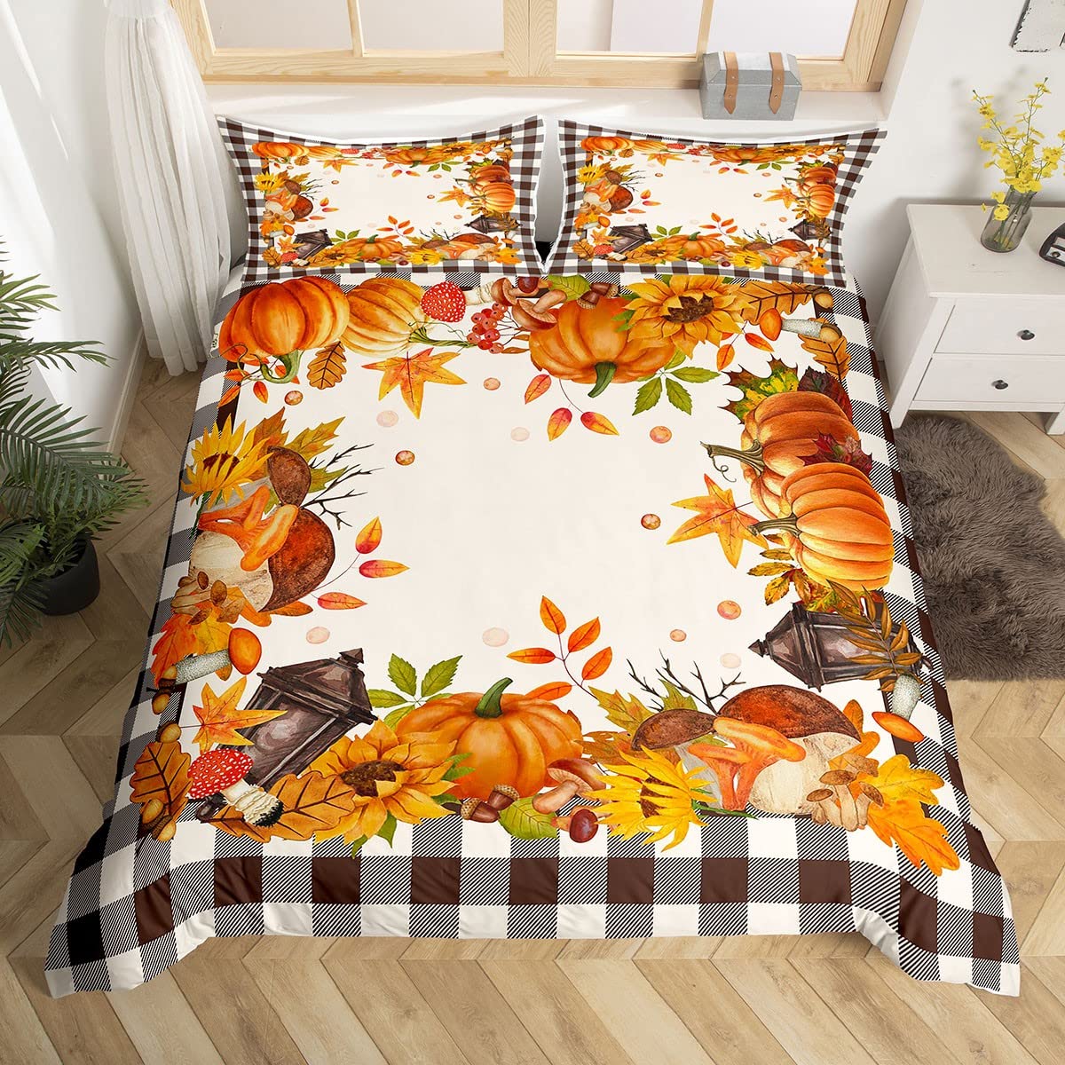 Juego de ropa de cama de Acción de Gracias, juego de cama de champiñones calabazas, tamaño King, funda de edredón geométrica de búfalo a cuadros de color marrón, decoración de otoño para el hogar,