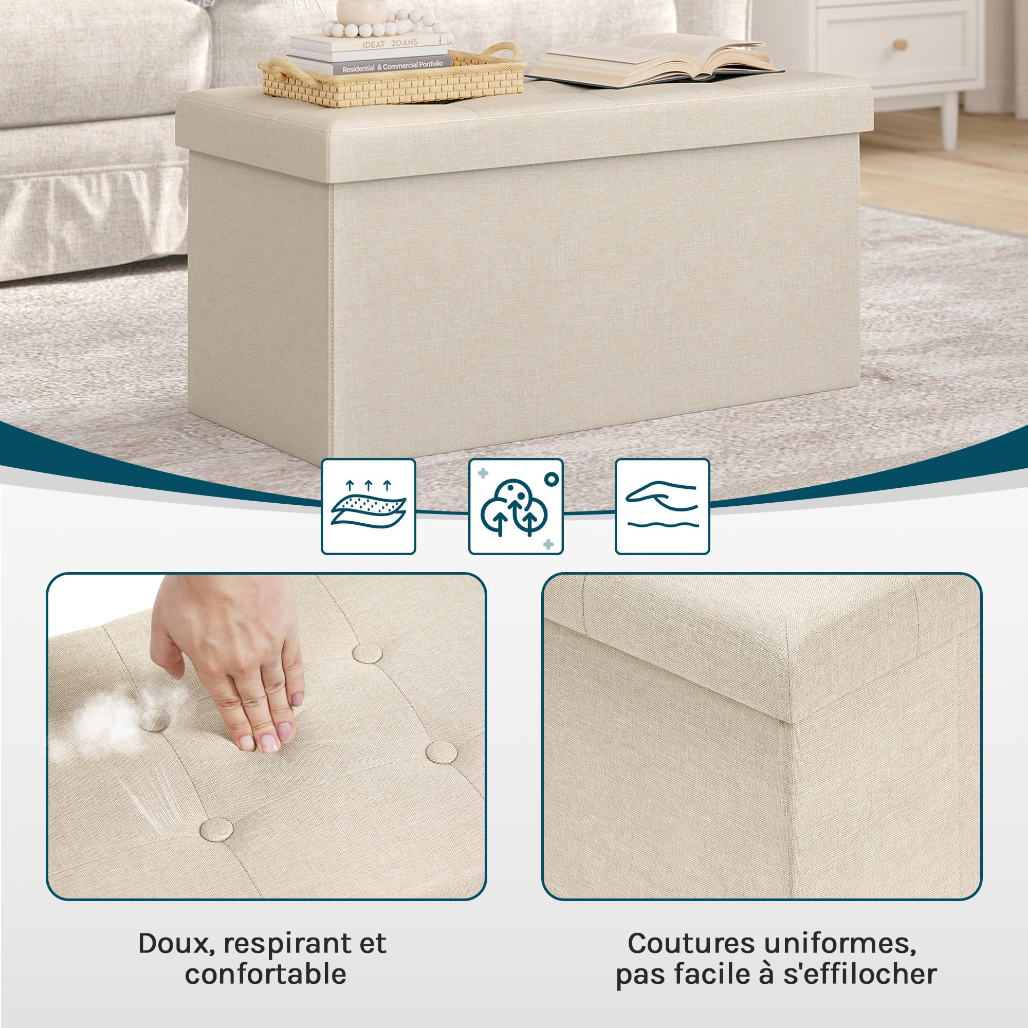 WOLTU Tabouret Banc de Rangement en Lin,Pouf Pliable, Cube Coffre de Rangement 76x37,5x38cm,Beige