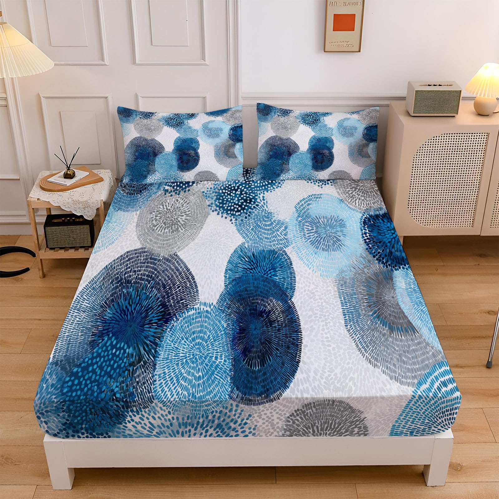 Sábana Bajera Ajustable De Flores Abstractas 200X190/200Cm, Juego De Ropa De Cama De Salpicaduras De Acuarela, Azul Cielo, Sábana Bajera De Set (Sin Sábanas Encimera) Microfibra Suave Lavable