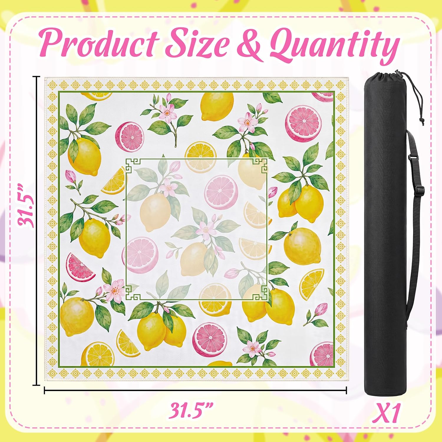 Tieshankao Lemon Mahjong Table Mat for American Jongg Board Party Favor | Table Cover Yelow Pink Mah Jong Mats with Storage Bag Non-Slip Tile Adult Games Activity Use
