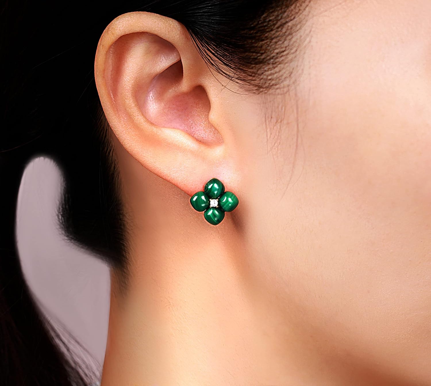 Lavari Jewelers Four Petal Flower Stud Earrings for Women - Black Onyx Green Malachite or Mother of Pearl & Cubic Zirconia in 925 Sterling Silver - Hypoallergenic Gold Plated - Hinge Post