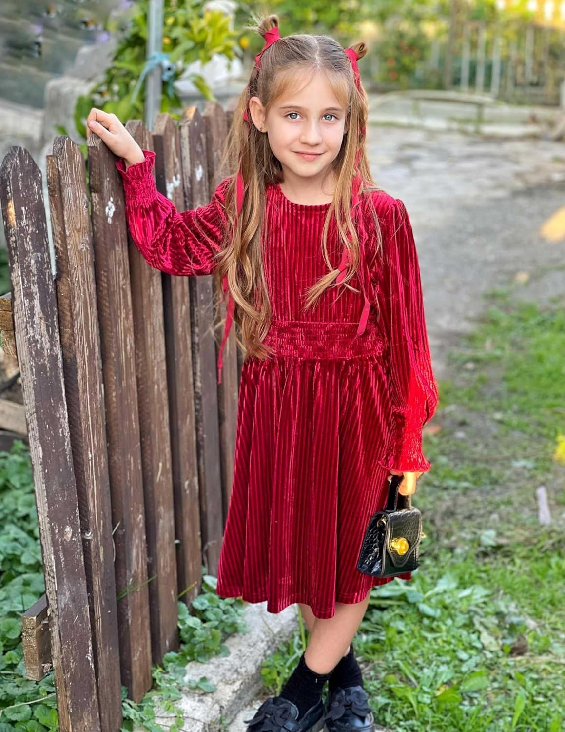 Arshiner Girls Long Sleeve Dress Velvet Crew Neck Midi Fall Vintage Plain Dress for Kids 4-13Y - Image 4