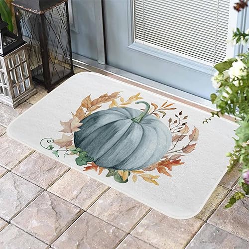 Miniatura 4 de Fukeen Alfombra de baño de otoño con diseño de calabaza azul, hojas de arce, antideslizante, 20 x 32 pulgadas, alfombra de baño suave de cosecha de