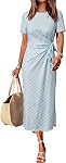 Newshows Womens 2026 Casual Short/Long Sleeve Crewneck T Shirt Maxi Dress Tie Waist Slit Long Dresses