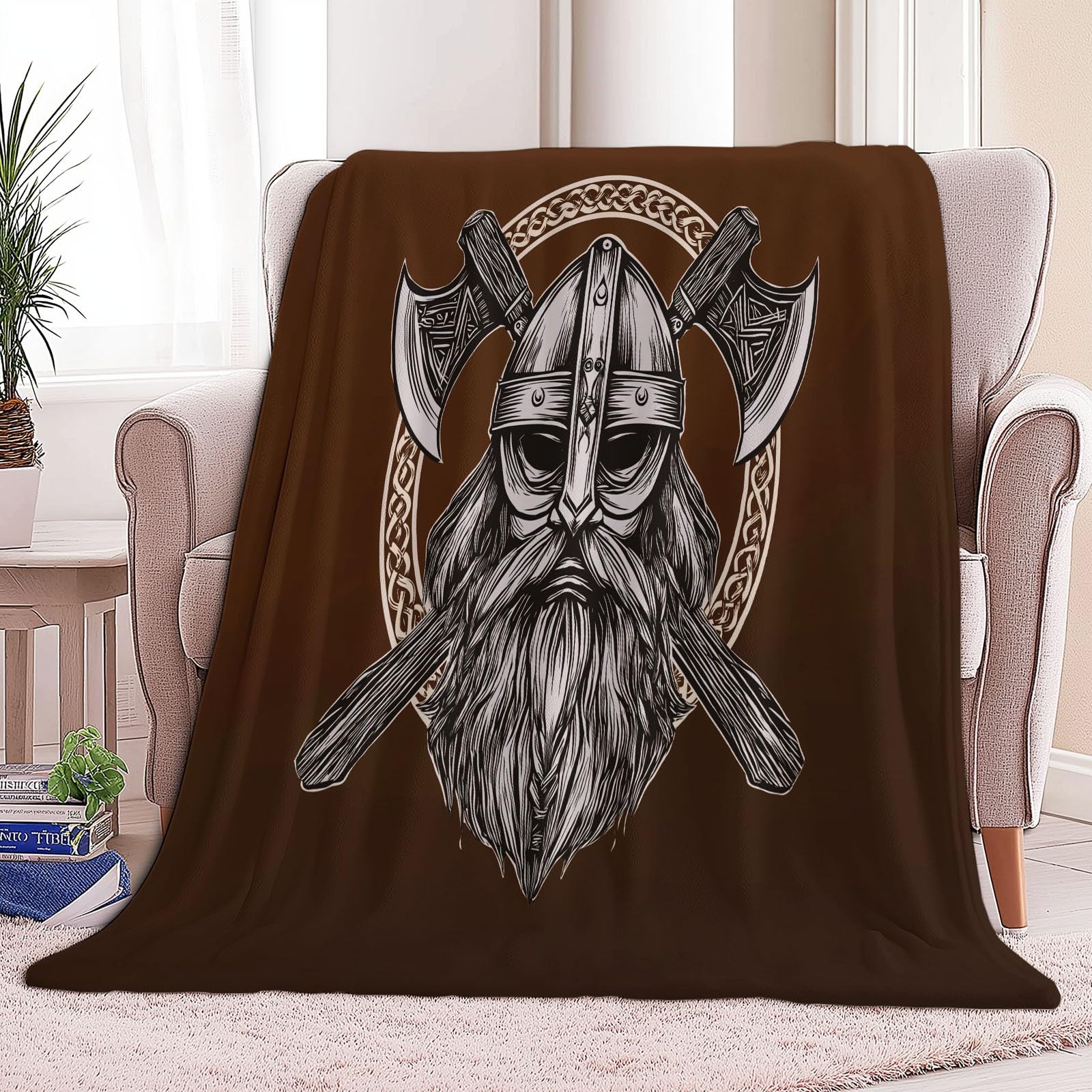 Koc narzuta, celtyckie portrety wikingów, całoroczny, flanelowy koc, 221 x 240 cm, brązowy, miękki i lekki, przytulny, puszysty, pluszowy, prezent dla dorosłych, nastolatków i dzieci, 220 x 240 cm