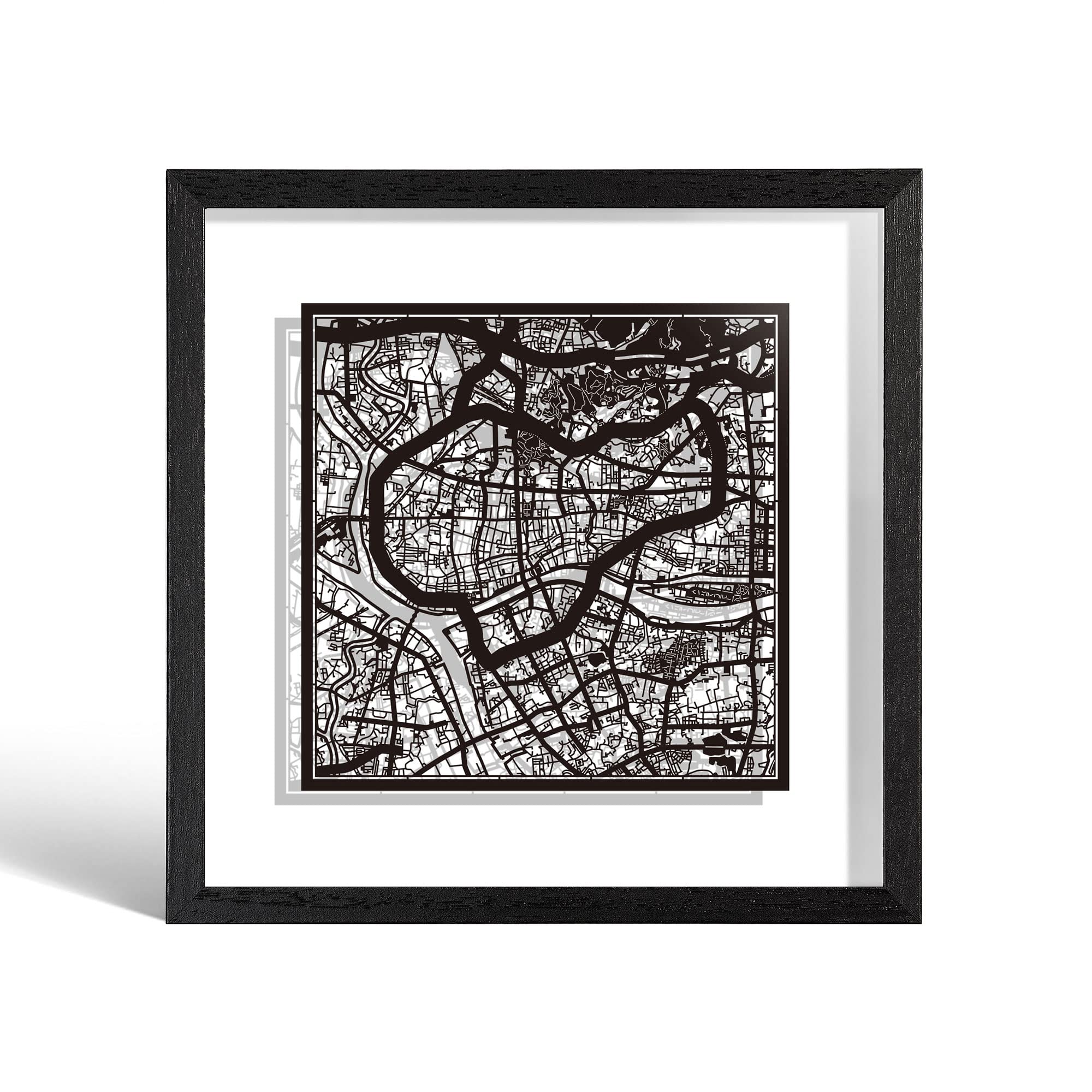 O3 DESIGN STUDIO Guangzhou Cut Map framed, Black map, Black frame, 9x9 inches, paper cutting art work, Gift Boxed, 2 background color, self-changing, Wall Art — image 1