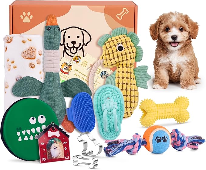 FLAIR GIFTS 14Pcs New Puppy Gift Basket, Welcome Puppy Starter Kit, Dog Toy Gift Basket for Small Puppies, Interactive Dog Toys Bundle Dog Essentials for Birthday Christmas