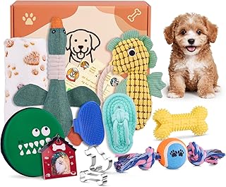 FLAIR GIFTS Welcome New Puppy Starter Kit, 14Pcs Dog Toy Gift Basket for Small Puppies, Interactive Dog Toys Bundle, Puppy Birthday Gift Box for Christmas, Pet Essentials with Healthy Treat Recipes