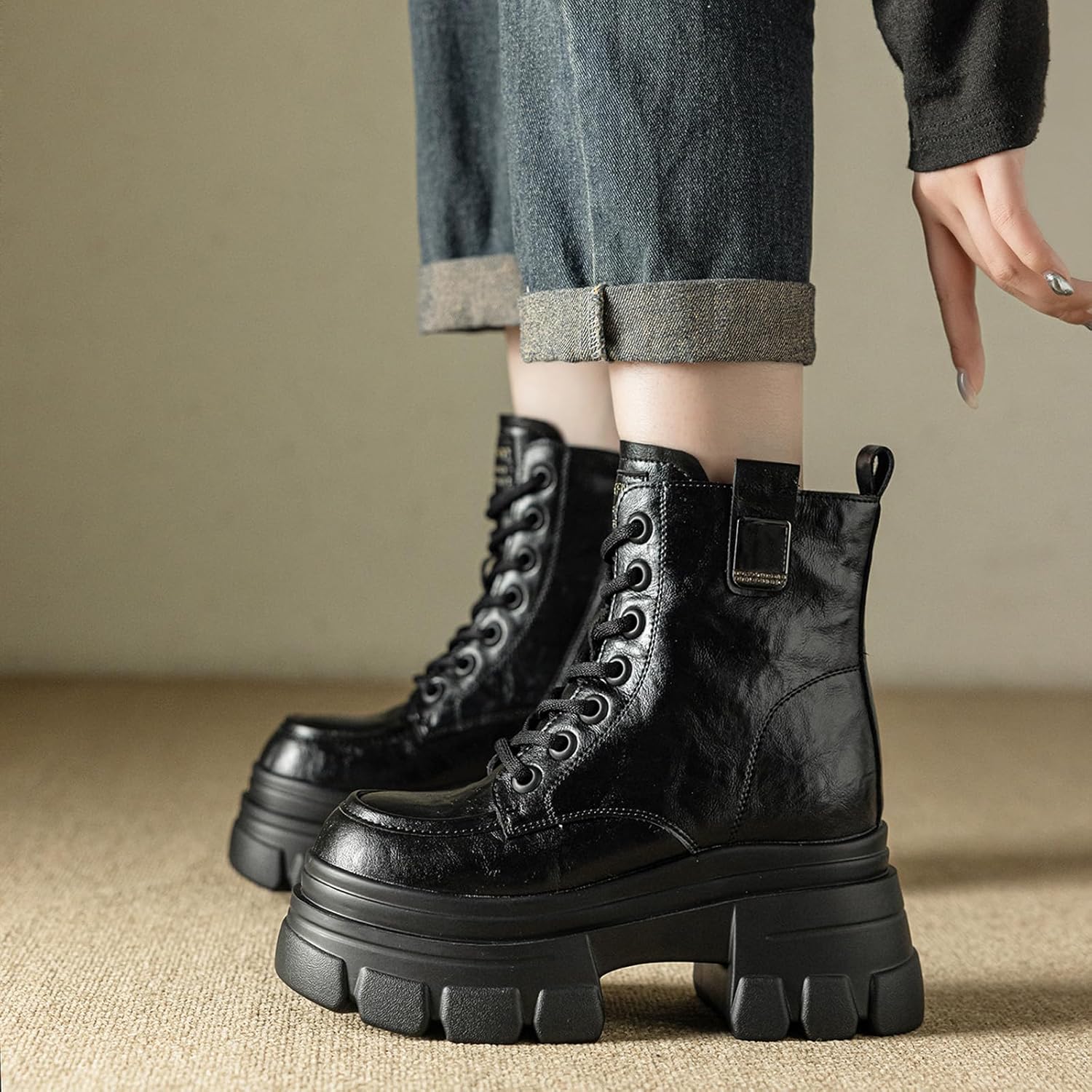 Women's Leather Chunky Platform Lace Up Ankle Boots Round Toe Side Zipper Non-Slip Lug Sole Comfortable High Heel Booties Fall Winter Fashion Combat Boots