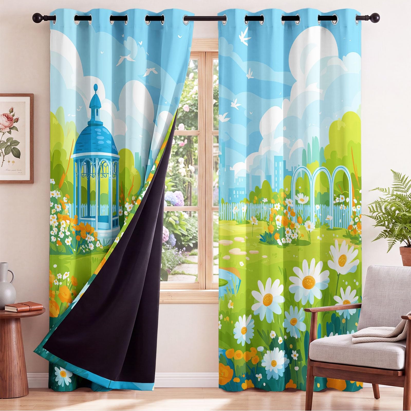 Cortinas ocupantes estilo rural jardín estampadas flor de margarita lavable a máquina, ideal para niños jugadores en sus dormitorios y salas de estar, 110 x 215 cm(2 paneles)