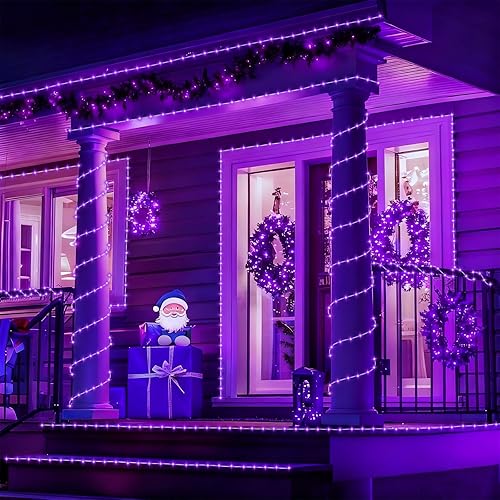 Miniatura 7 de YEGUO Luces solares moradas para Halloween, 2 paquetes de luces LED de 33 pies cada uno con cadena de 100 luces LED impermeables para exteriores,