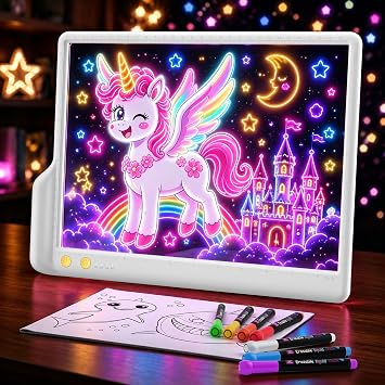 A4 Rechargeable LED Drawing Board, 9-Color Light Modes with Built-in Stand, Neon Art Dry Erase Glow Up Doodle Note Pad, Sketching Gift Toy for Kids/Girls/Teens, 7 Markers & Tracing Book-White