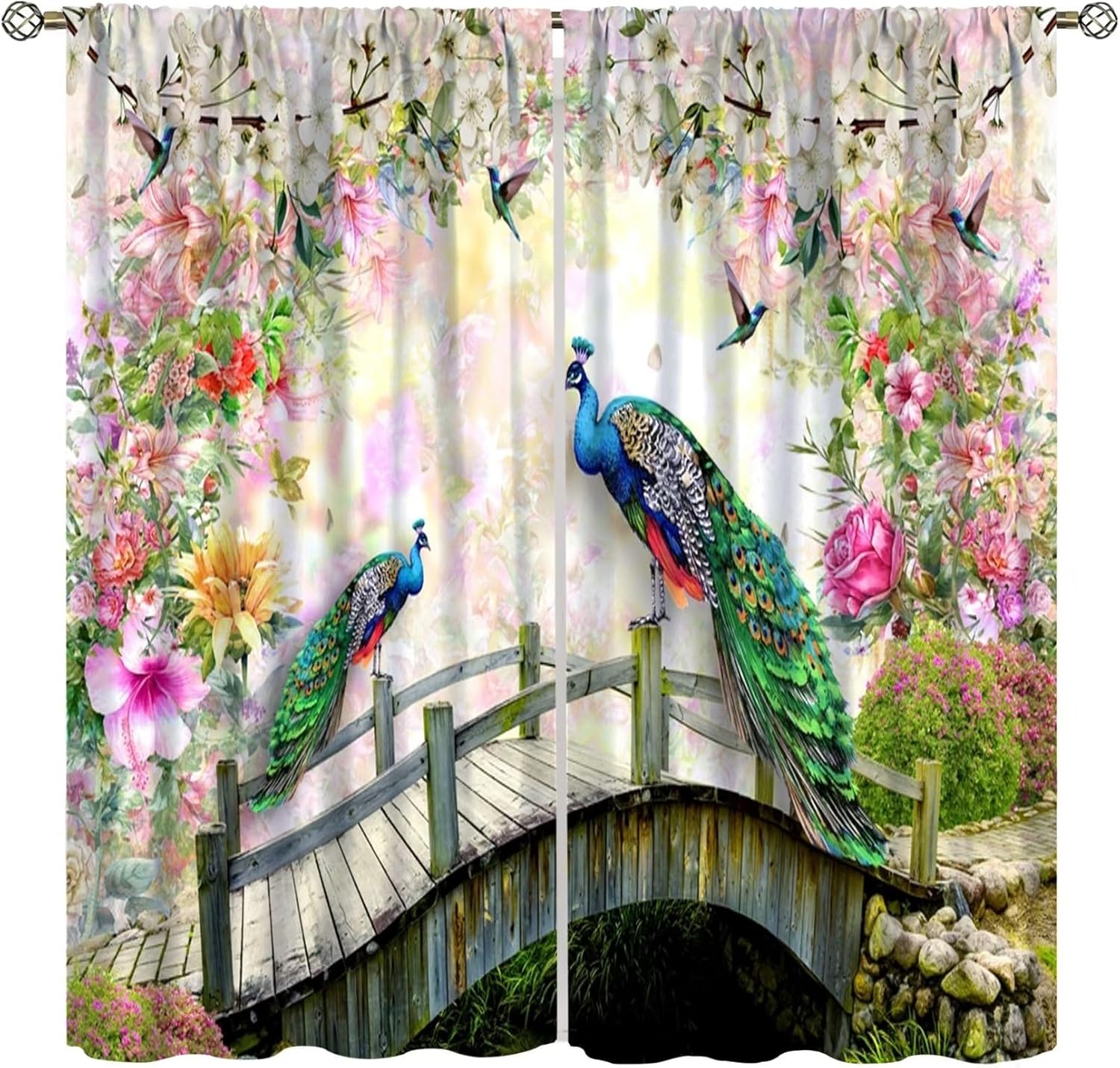 Peacock Curtains，Vintage Teal Blue Bird Rustic Flower Plant Butterfly Bridge Bedroom Window Drapes Watercolor Elegant Printed Living Room Window Treatment Fabric Set 2 Panels,55x63 Inches