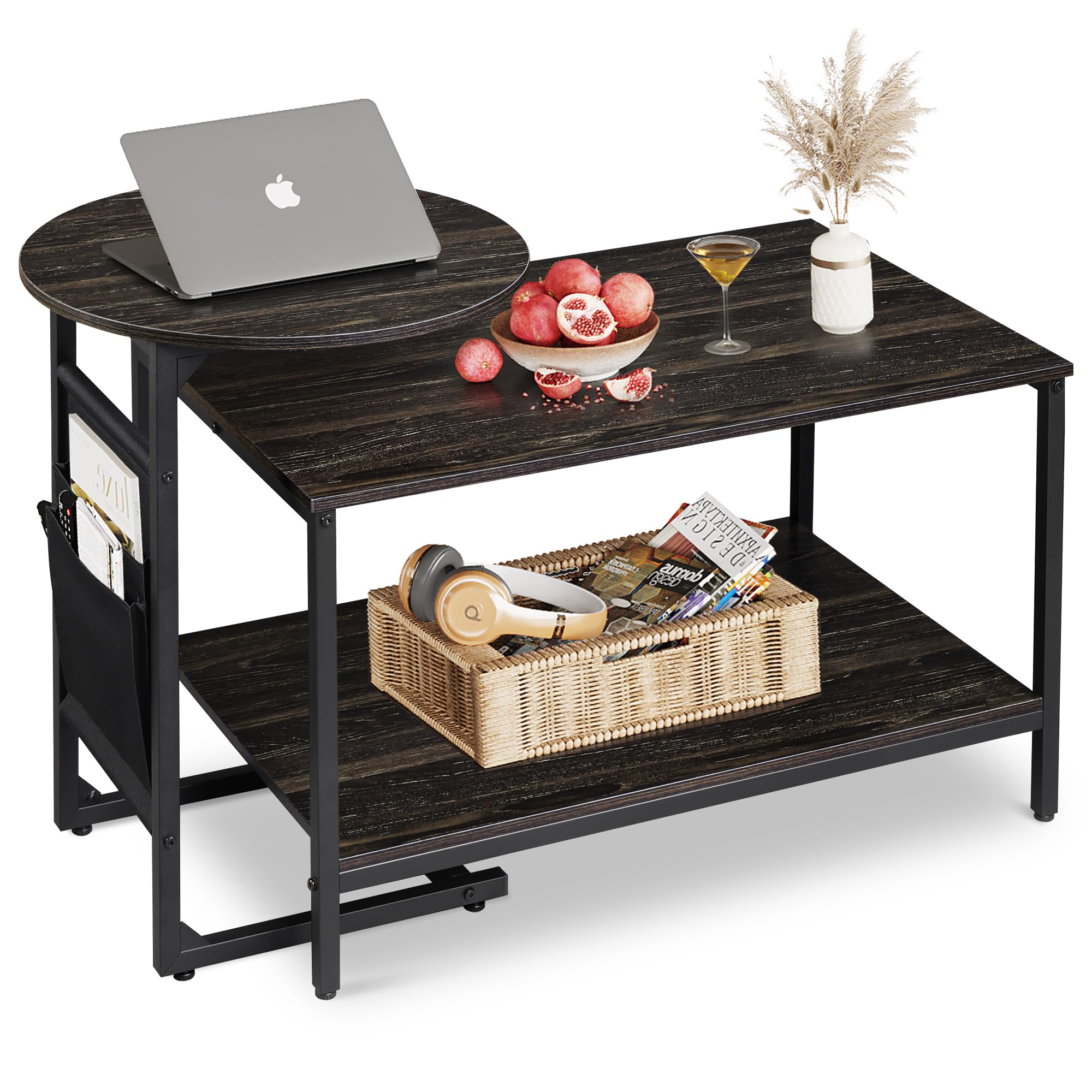 WLIVE Coffee Table, 2 in 1 Design Nesting Coffee Table with Side Pouch for Living Room, Small Round and Rectangular Living Room Table Set, Metal Frame and Wood Desktop,Easy Assembly,Charcoal Black