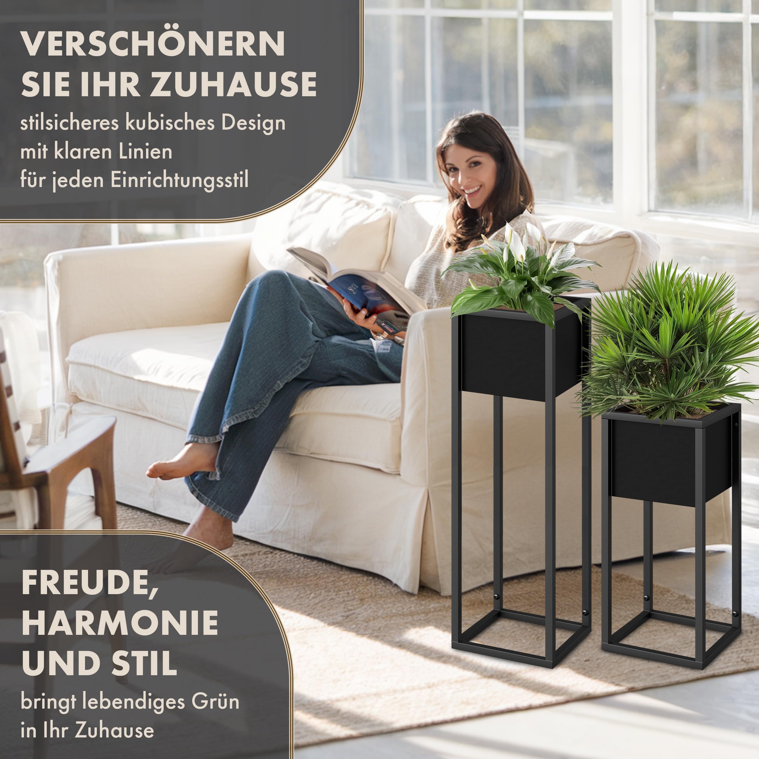 Blumenständer CUBIX DUO 2er Set - 50 und 70 cm hoch Metall schwarz
