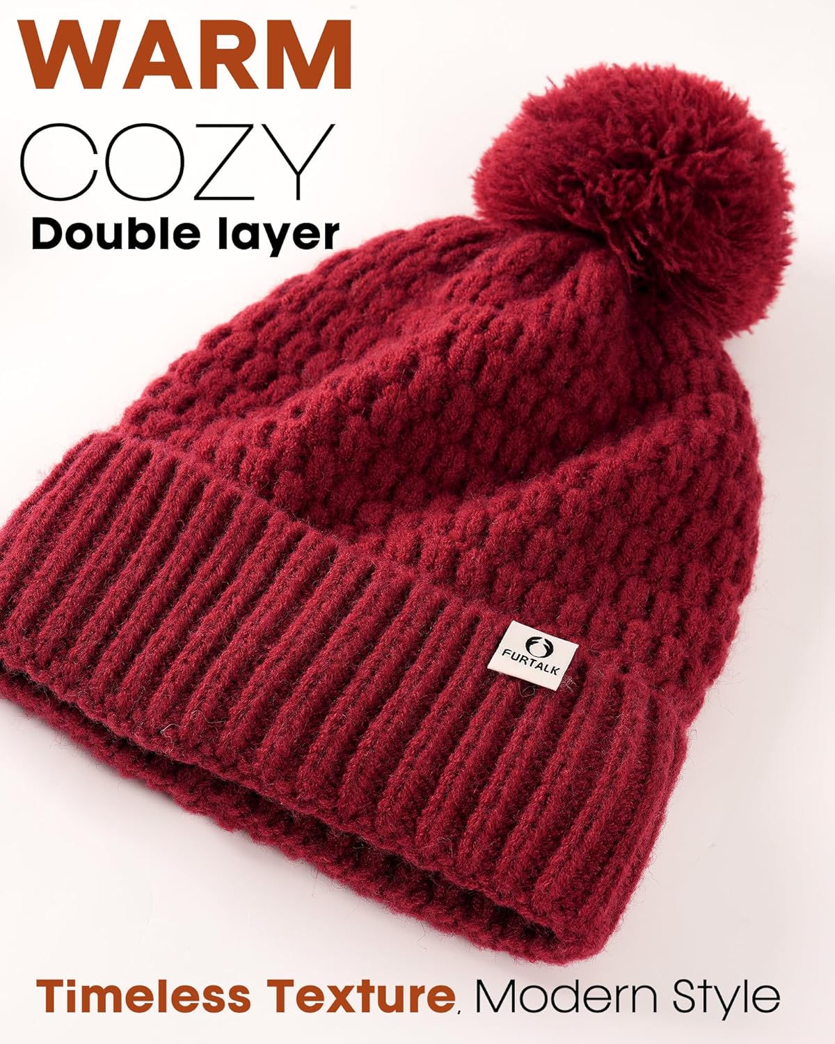 FURTALK Womens Winter Beanie Hat with Knitted Pom Pom Warm Fleece Lined Knit Soft Skull Cap for Women - Image 2
