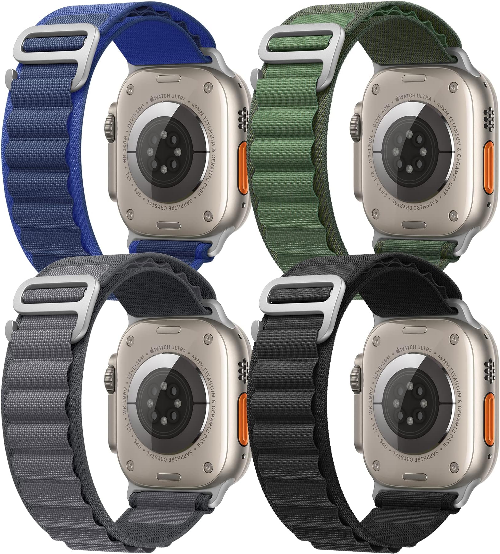 Rain gold 4 Pack Apline Loop Bands Compatible with Apple Watch Ultra 49mm 45mm 44mm 42mm 41mm 40mm 38mm, Nylon Sport Wristband for Men Women, Titanium G-Hook Strap for iWatch Series 8 7 6 5 4 3 2 1 SE