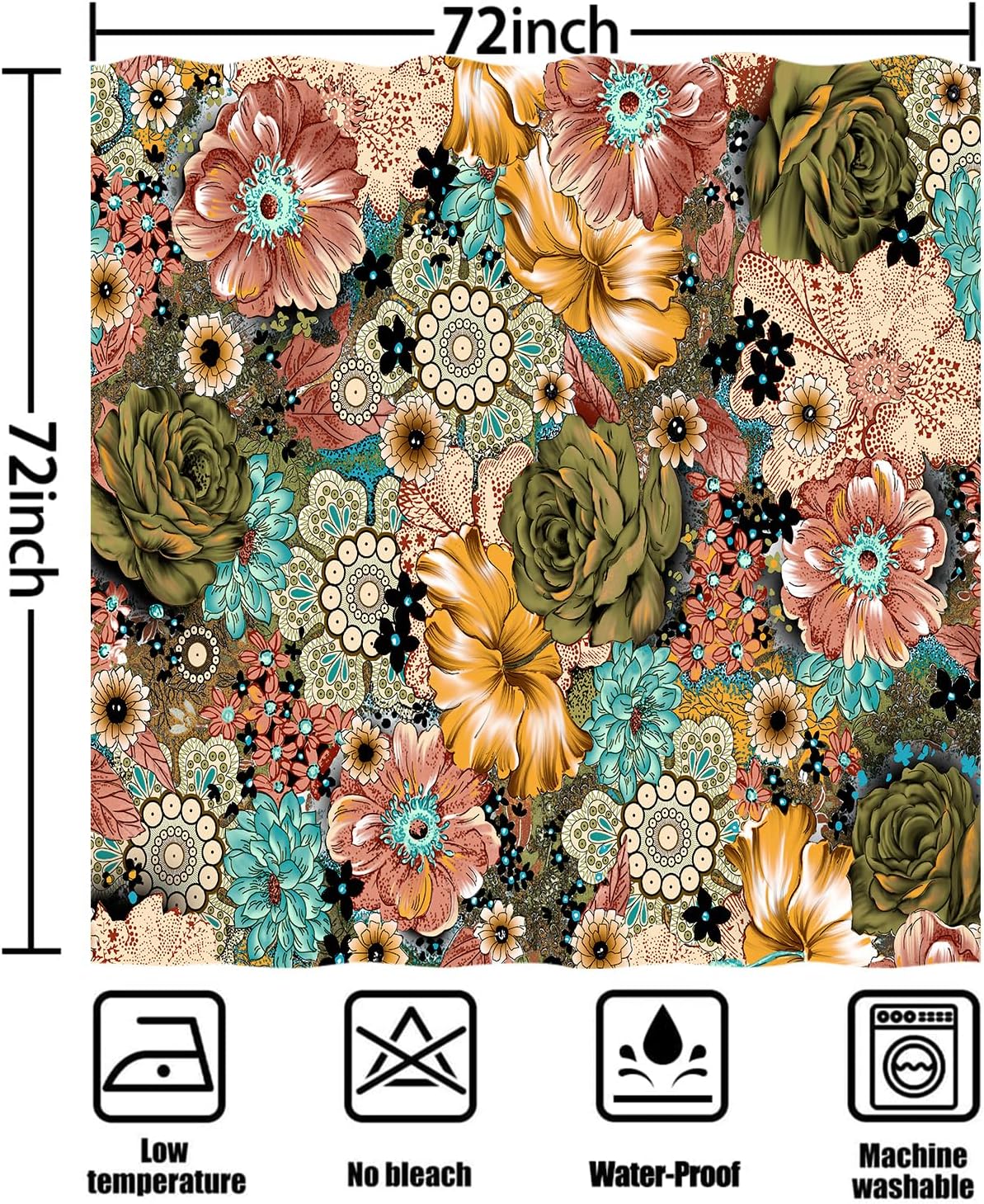 Boho Floral Shower Curtain for Bathroom Decor, Plant Flower Colorful Rustic Farmhouse Botanical Aesthetic Art Shower Curtains Set, Fabric Durable Waterproof with 12 Hooks,72x72 Inch