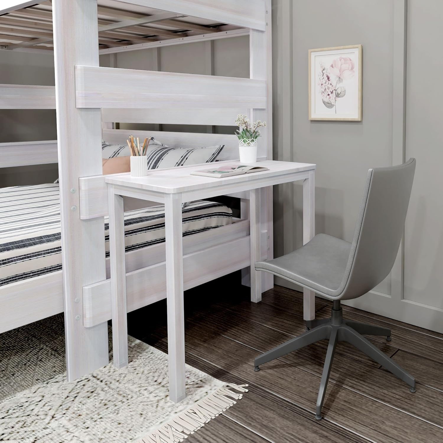 Max & Lily Modern Farmhouse Bunk Bed, L Shape Twin-Over-Queen Bed Frame For Kids With Desk, White Wash
