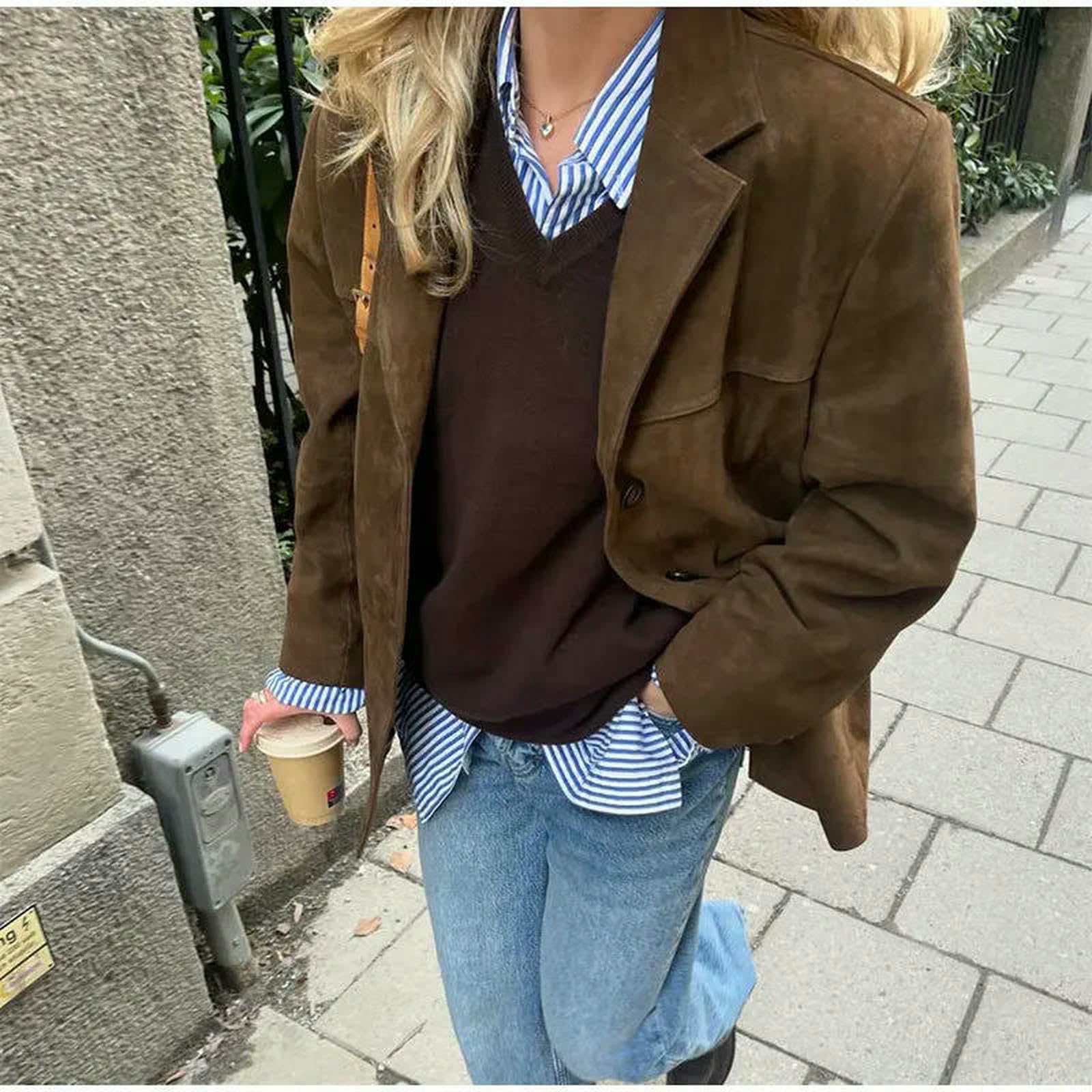 Abbigliamento Donna Donne in Pelle Scamosciata Giacca di Pelle in Pelle Autunnale A Petto Singolo Petto Sciolto Cappotto di Strada da Donna Esterni-Marrone-m