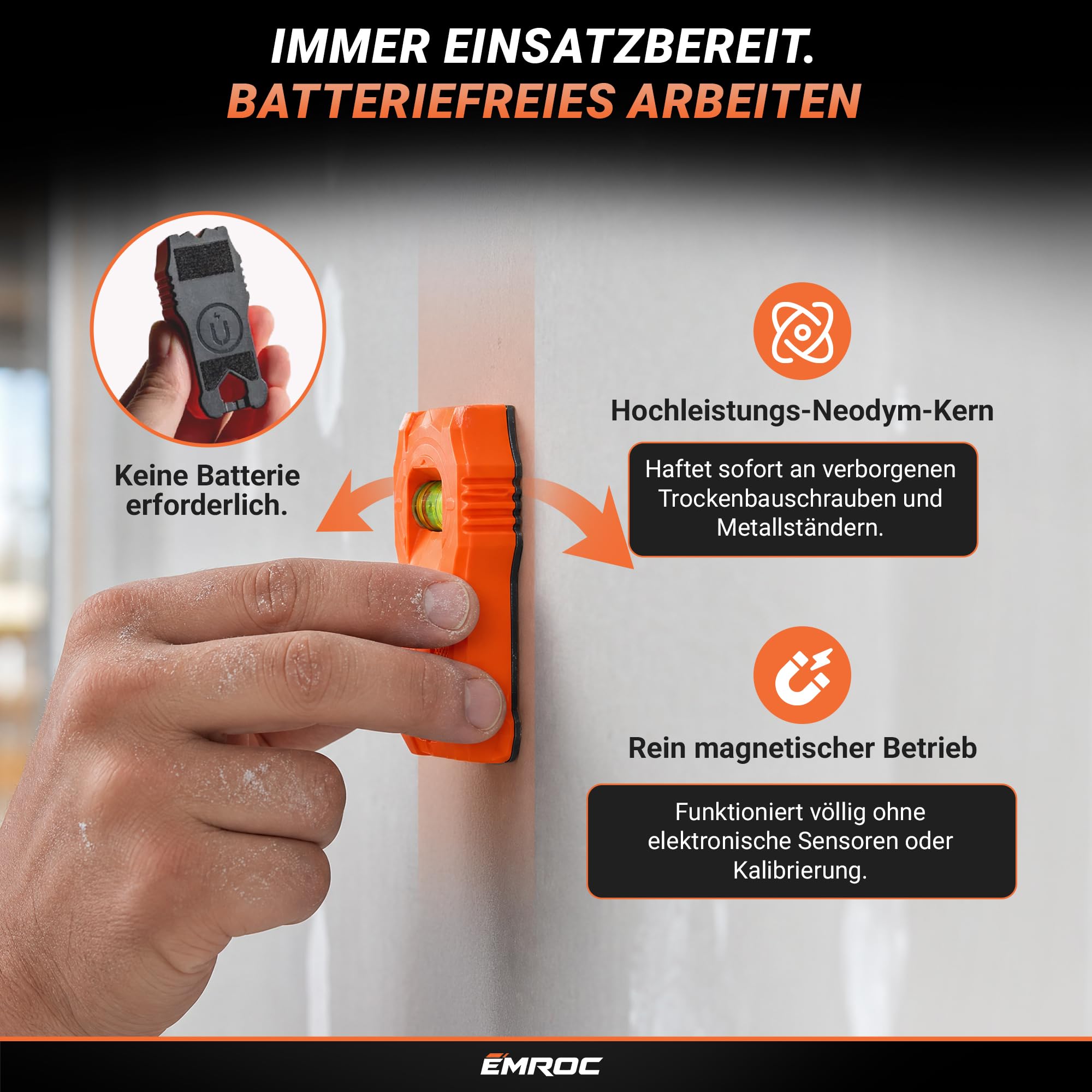 Stud Finder Magnet EMR-M11 - Balkensucher Neodym Trockenbau Rigips | Ohne Batterien | Mit Wasserwaage | Schrauben in Wand finden | Heimwerker & Profis | Französische Marke