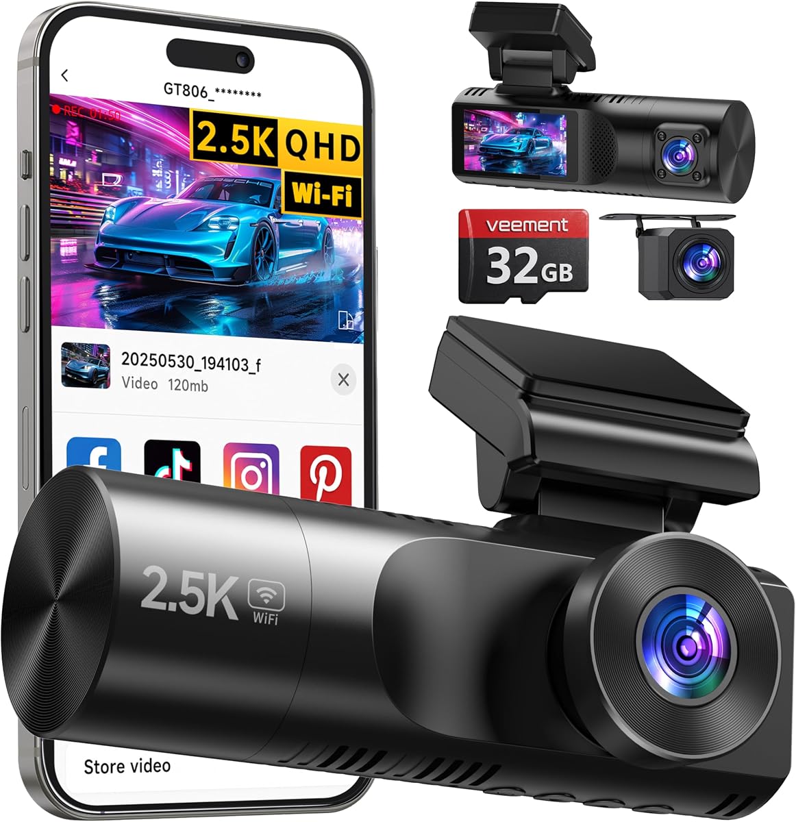 3 Channel Dash Cam Front and Rear, 2.5K Dash Camera for Cars, IR Night Vision, 2.4G WiFi App Control, 24H Parking Mode, 2’’ IPS, G-Sensor, Loop Recording, Free 32GB Card Included