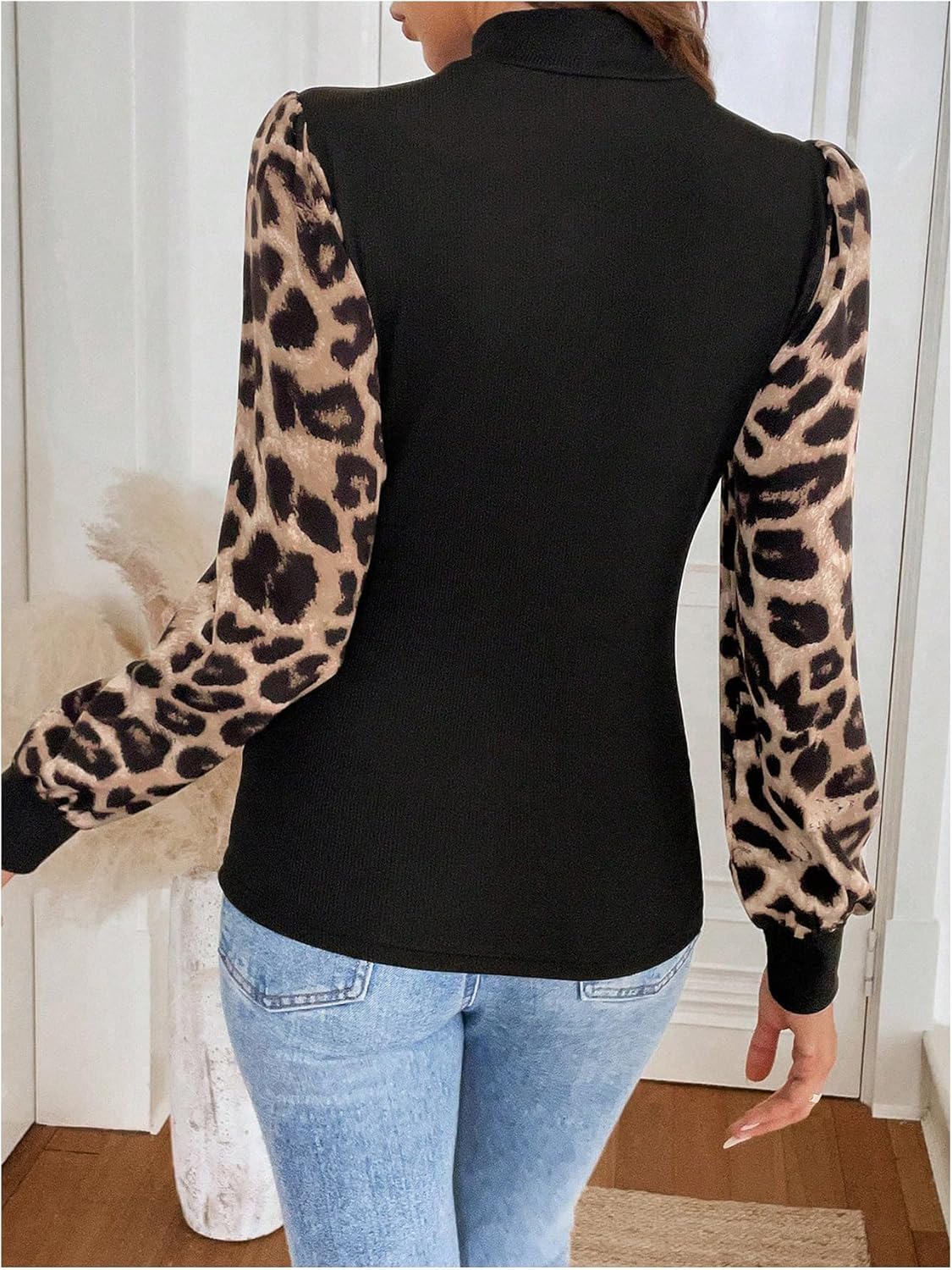MakeMeChic Women's Leopard Print Long Sleeve Mock Neck Slim Fit Blouse Casual Shirt Tops - Image 2