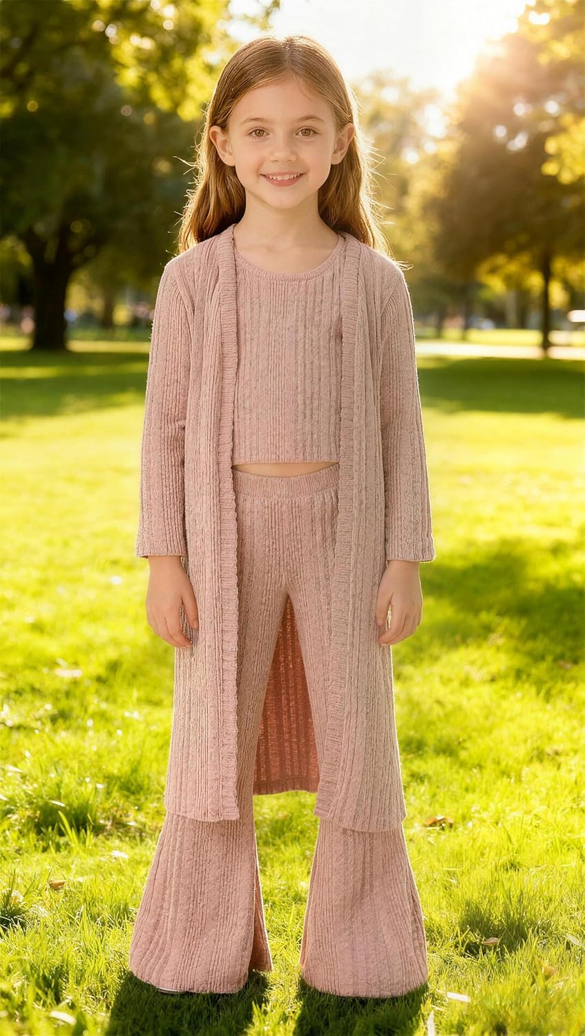 5-13 Years Girls Clothes+Long Sleeve Cardigan Shawl & Top & Pants 3-Piece Solid Color Outfit Set - Image 4