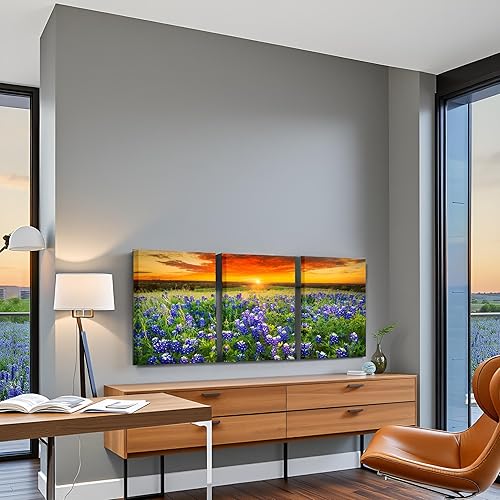 Miniatura 3 de Nachic Wall Cuadro de 3 piezas de puesta de sol para pared, hermoso campo de arándanos de Texas, pintura fotográfica sobre lienzo, póster de paisaje
